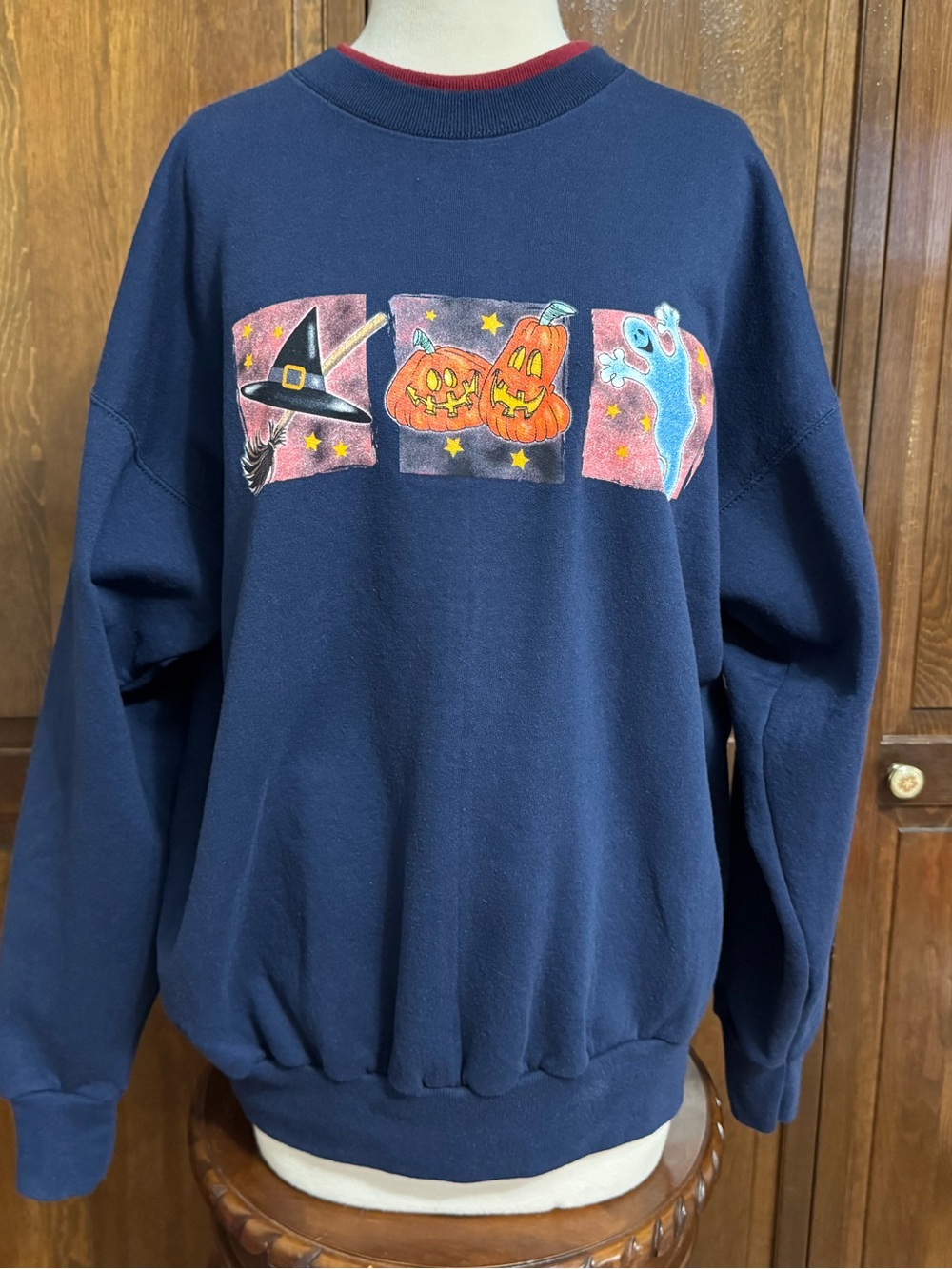 VTG 90s Halloween Ghost Pumpkin Graphic Sweatshirt Navy Double Collar Large
